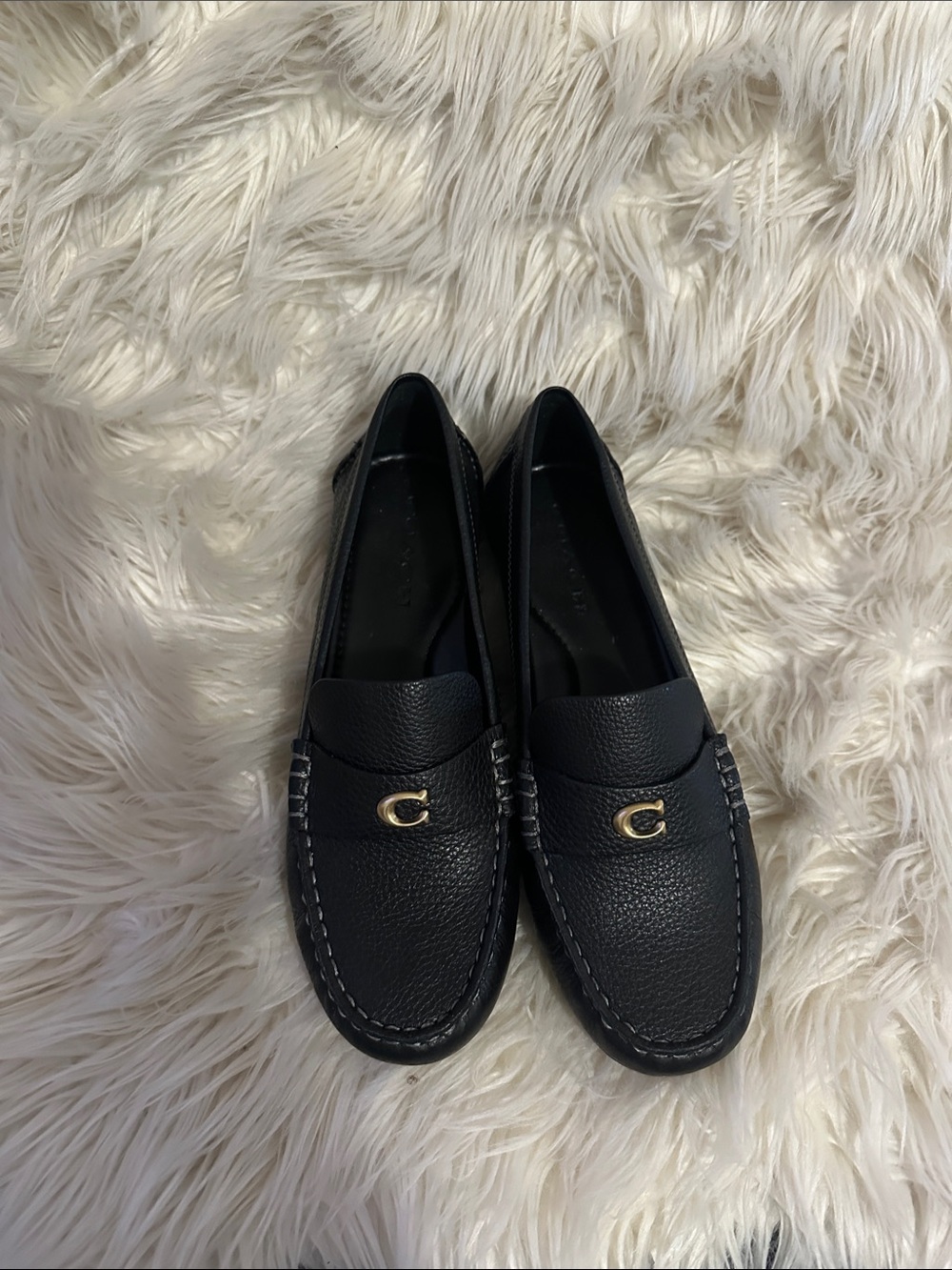 Women’s Black Leather Slip-On Loafers with Gold Accent